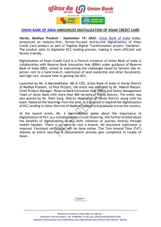 Union Bank Of India Announces Digitalization Of Kisan Credit Card