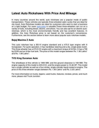 Latest Auto Rickshaws With Price And Mileage