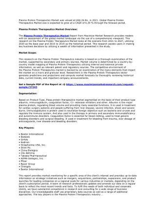 Plasma Protein Therapeutics Market Revenue Growth Regional 2029