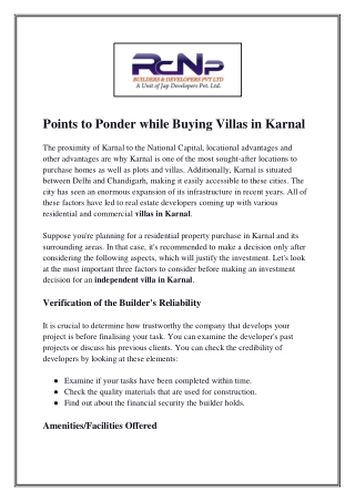 Points to Ponder while Buying Villas in Karnal