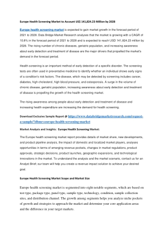 Europe Health Screening Market to Account US 141,824.23 Million by 2028