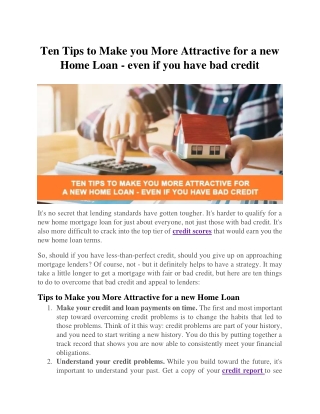 Ten Tips to Make you More Attractive for a new Home Loan - even if you have bad