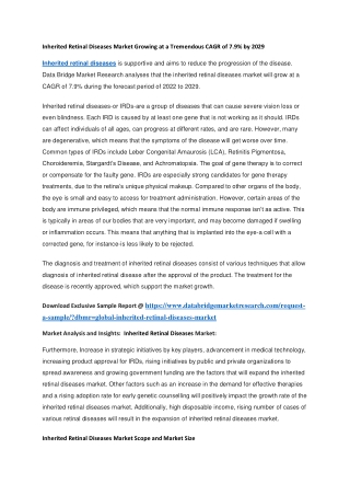 Inherited Retinal Diseases Market Growing at a Tremendous CAGR of 7.9 by 2029