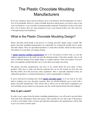 The Plastic Chocolate Moulding Manufacturers