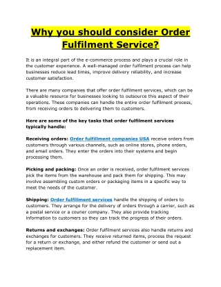 Why you should consider Order Fulfilment Service?