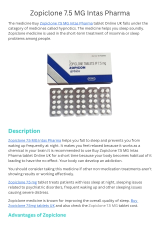 Buy Zopiclone 7.5 MG Intas Pharma tablet Online UK | Zopiclone 7.5 MG Intas Phar