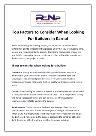 Top Factors to Consider When Looking For Builders in Karnal