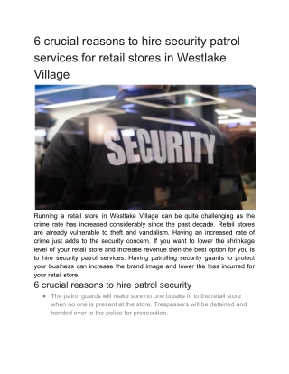 6 crucial reasons to hire security patrol services for retail stores in Westlake Village