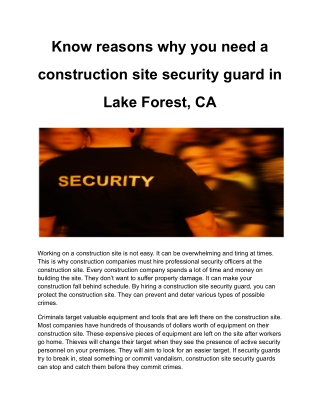 Know reasons why you need a construction site security guard in Lake Forest, CA