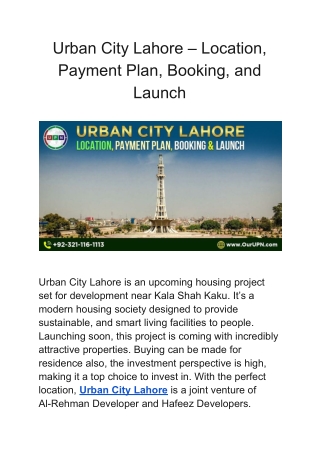 Urban City Lahore – Location, Payment Plan, Booking, and Launch