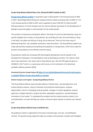 Europe Drug Delivery Market Share, Size, Demand & SWOT Analysis by 2027