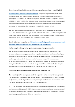 Europe Neonatal Jaundice Management Market Insights, Status and Future Outlook by 2028