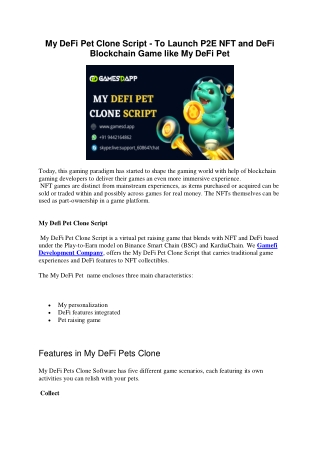 My DeFi Pet Clone Script - To Launch P2E NFT and DeFi Blockchain Game like My DeFi Pet