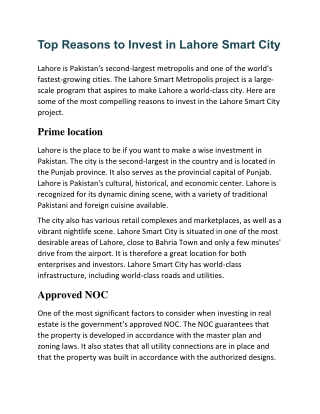 Top Reasons to Invest in Lahore Smart City 1