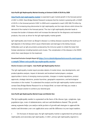 Asia-Pacific IgA Nephropathy Market Growing at Eminent CAGR of 20.0 by 2028