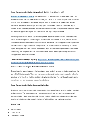 Tumor Transcriptomics Market Likely to Reach the US 15.84 Billion by 2029