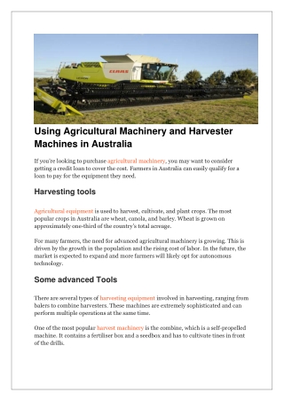 Using Agricultural Machinery and Harvester Machines in Australia