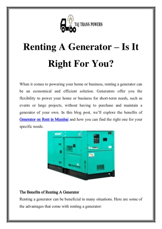 Generator on Rent in Mumbai Call-9870276640