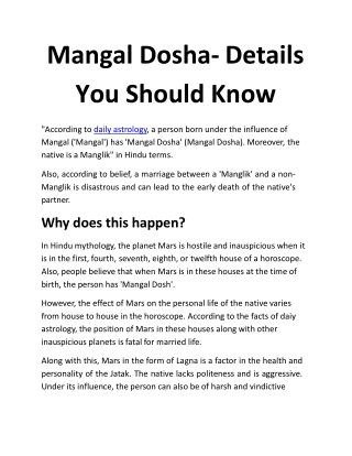 Mangal Dosha- Details You Should Know
