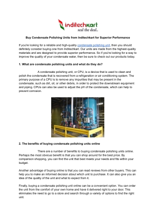 Buy Condensate Polishing Units from Inditechkart for Superior Performance