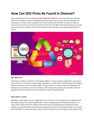 How Can SEO Firms Be Found in Chennai?