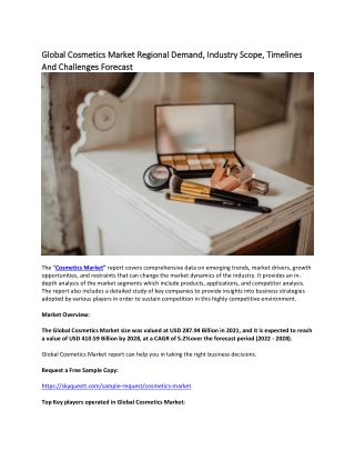 Global Cosmetics Market Regional Demand, Industry Scope, Timelines And Challenge