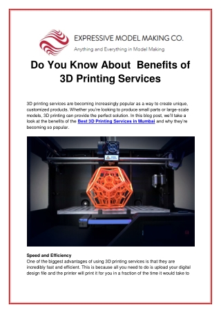 Do You Know About  Benefits of 3D Printing Services