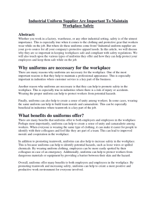 Industrial Uniform Supplier Are Important To Maintain Workplace Safety