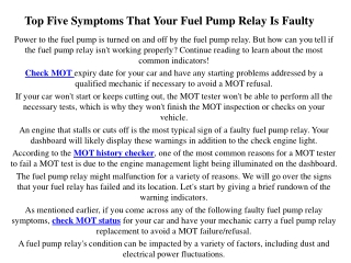 Top Five Symptoms That Your Fuel Pump Relay