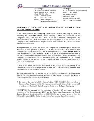 Addendum to the Notice of 20th AGM of ICRA Online Ltd