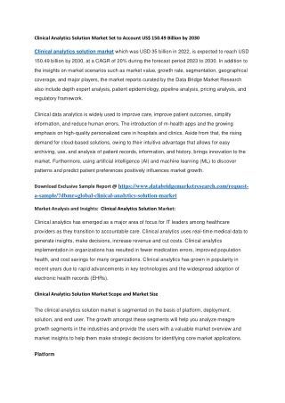 Clinical Analytics Solution Market Set to Account US 150.49 Billion by 2030