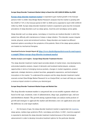 Europe Sleep Disorder Treatment Market Likely to Reach the US 2,849.03 Million by 2028