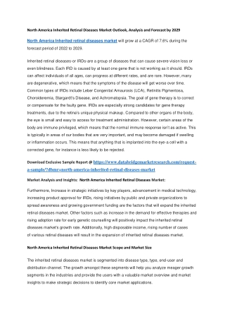North America Inherited Retinal Diseases Market Outlook, Analysis and Forecast by 2029