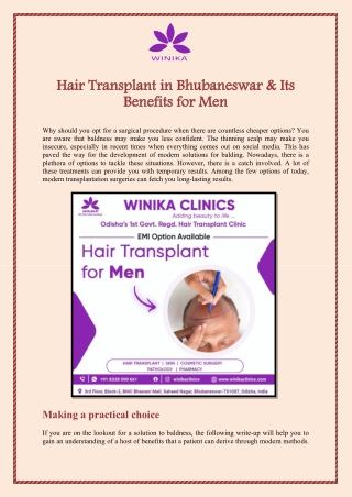 Hair Transplant in Bhubaneswar & Its Benefits for Men