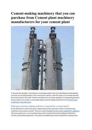 Cement-making machinery that you can purchase from Cement plant machinery manufacturers for your cement plant