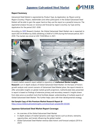 JAPANESE GALVANIZED STEEL MARKET IS GROWING WITH 12.95% CAGR BY 2028: IMIR