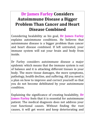 Dr James Farley Considers Autoimmune Disease a Bigger Problem Than Cancer and Heart Disease Combined