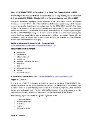 ORAL SPRAY MARKET 2020: In-Depth Analysis of Share, Size, Growth Outlook by 2028