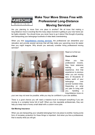 Hire Long-Distance Moving Services Online - Awesome Moving KC