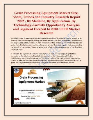 Grain Processing Equipment Market Share, Trends and Industry Research Repot 2022