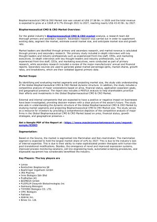 Biopharmaceutical CMO and CRO Market: Global Industry Analysis Forecast 2027