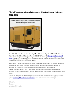 Global Stationary Diesel Generator Market Research Report 2022-2032