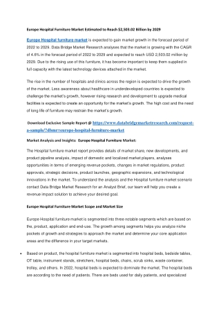 Europe Hospital Furniture Market Estimated to Reach 2,503.02 Billion by 2029