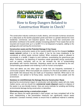 How to Keep Dangers Related to Construction Waste in Check