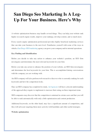 San Diego Seo Marketing Is A Leg-Up For Your Business. Here’s Why