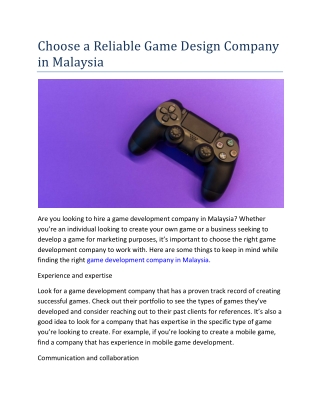 Choose a Reliable Game Design Company in Malaysia