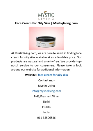 Face Cream For Oily Skin | Mystiqliving.com