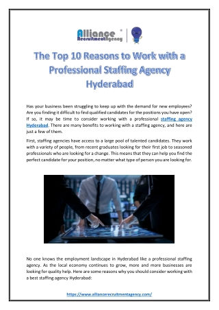 The Top 10 Reasons to Work with a Professional Staffing Agency Hyderabad
