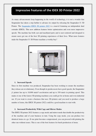 Impressive Features of the IDEX 3D Printer 2022