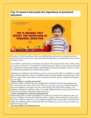 Top 10 reasons that justify the importance of preschool education